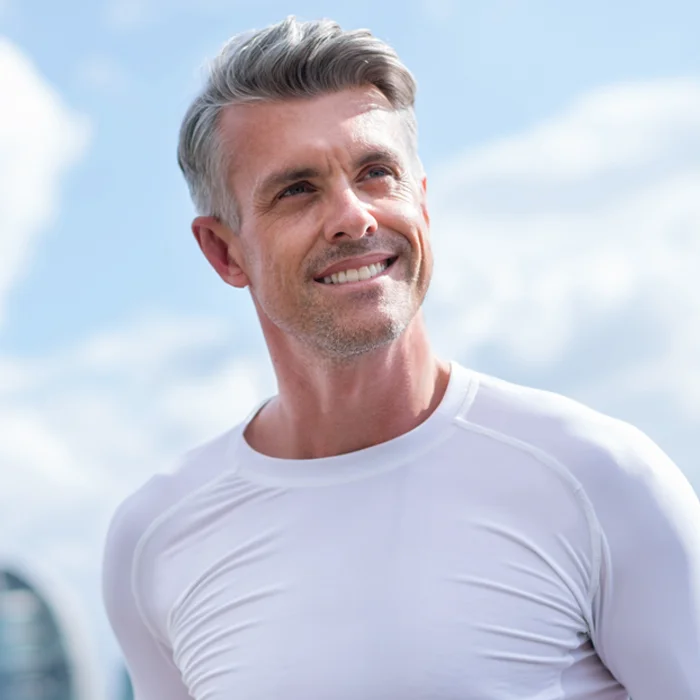 A man with silver hair, wearing a white shirt, smiling against a blue sky - 4,6,8 Dental Implants in Beverly Hills, CA